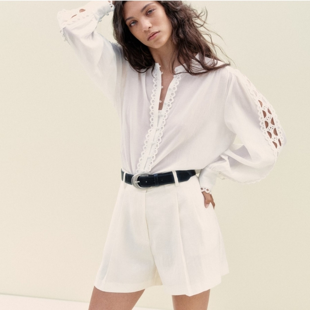 H&M White Button Front Lace Trimmed Blouse SZ M NWOTs